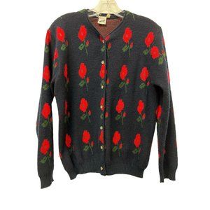Authentic Vintage Bayer Red Flowers Navy Cardigan Sweater Textilfaser Dralon